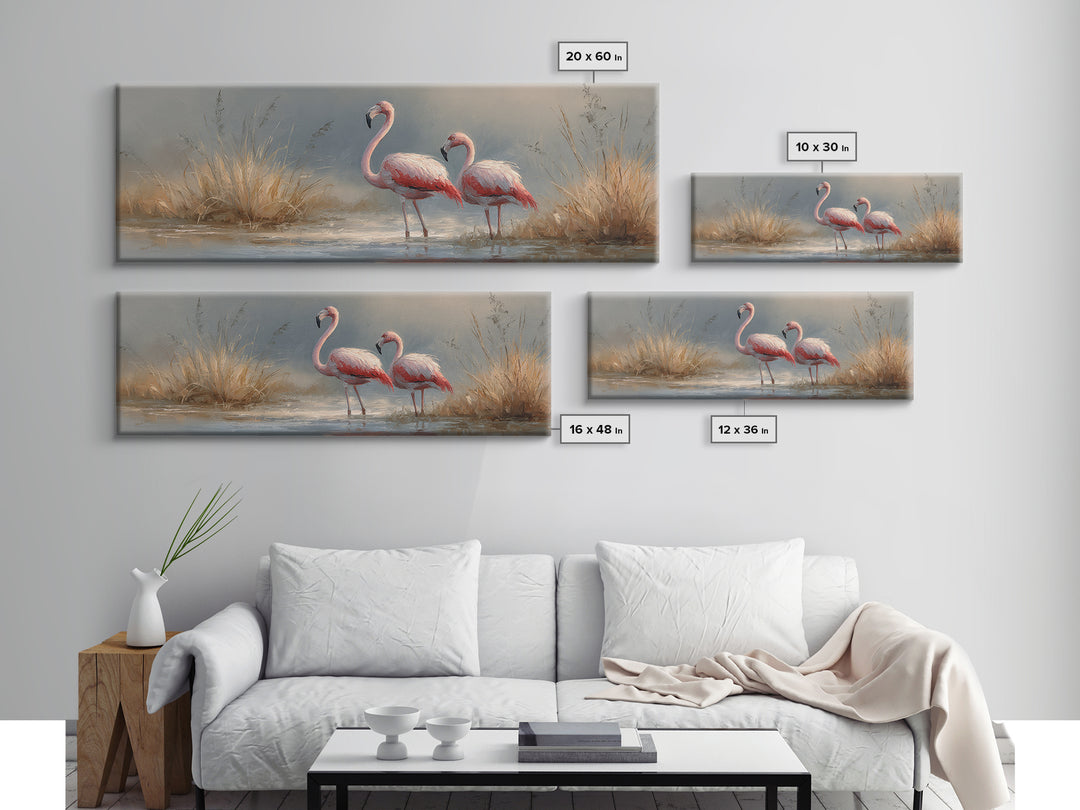 Flamingo Pair Beside Shallow Water Framed Canvas Print, Patio Art, Metal Wall Art, Patio Decor, Outdoor, Coastal Wall Decor, PAT-3x1-2