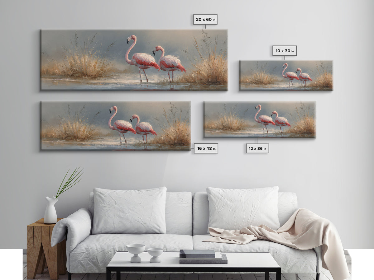 Flamingo Pair Beside Shallow Water Framed Canvas Print, Patio Art, Metal Wall Art, Patio Decor, Outdoor, Coastal Wall Decor, PAT-3x1-2