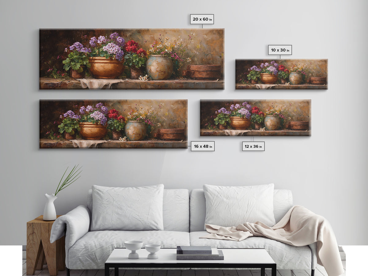 Potted Geraniums in Rustic Clay Pots Canvas Print, Patio Art, Wall Art, Patio Decor, Fine Art, Outdoor, Outdoor Wall Decor, PAT-3x1-30