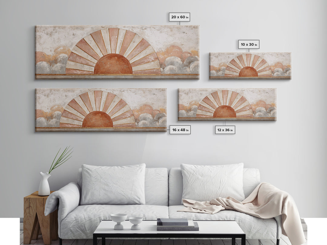 Sun Motif with Warm Terracotta Rays Canvas Print, Patio Art, Garden Decor, Patio Decor, Abstract Art, Outdoor, Beach Art, PAT-3x1-34
