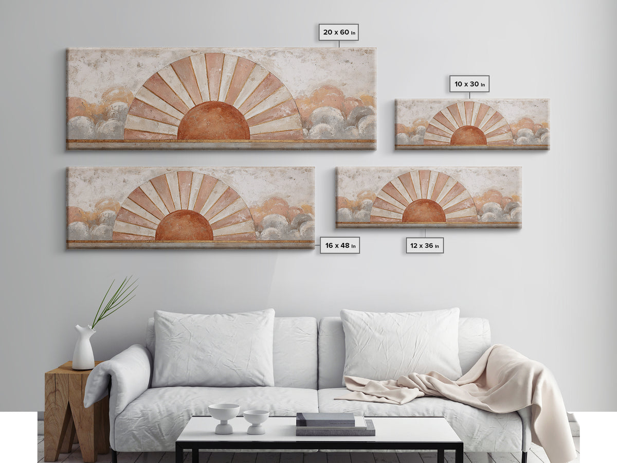 Sun Motif with Warm Terracotta Rays Canvas Print, Patio Art, Garden Decor, Patio Decor, Abstract Art, Outdoor, Beach Art, PAT-3x1-34