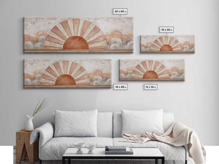 Sun Motif with Warm Terracotta Rays Canvas Print, Patio Art, Garden Decor, Patio Decor, Abstract Art, Outdoor, Beach Art, PAT-3x1-34