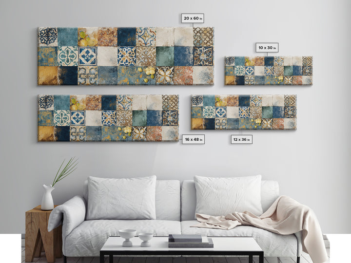 Mediterranean Lemons and Blue Tile Pattern Canvas Print, Patio Art, Coastal Decor, Patio Decor, Outdoor, Family Wall Art, PAT-3x1-42