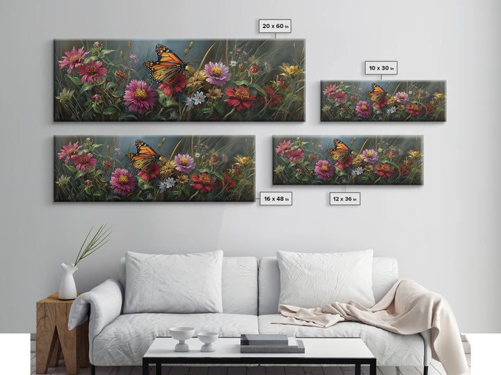 Butterfly Garden with Zinnias and Daisies Framed Canvas Print, Patio Art, Outdoor Wall Art, Patio Decor, Fine Art, Outdoor, PAT-3x1-5