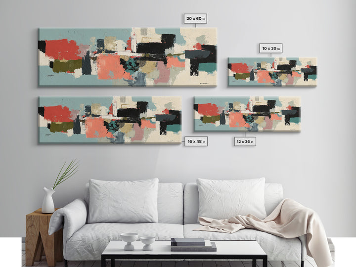 Bright Coral and Turquoise Abstract for Outdoors Framed Canvas Print, Patio Art, Room Decor, Patio Decor, Fine Art, Outdoor, PAT-3x1-52