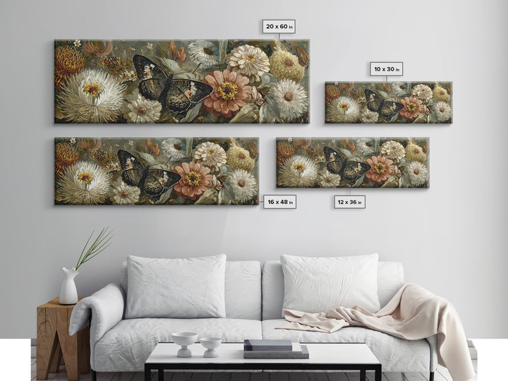 Butterfly Garden with Zinnias and Daisies Framed Canvas Print, Patio Art, Beach House Decor, Patio Decor, Oil Painting, Outdoor, PAT-3x1-53