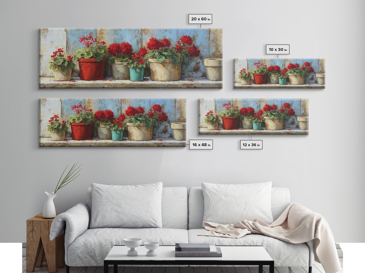 Potted Geraniums in Rustic Clay Pots Canvas Print, Patio Art, Porch Decor, Patio Decor, Fine Art, Outdoor, Fine Art Print, PAT-3x1-6