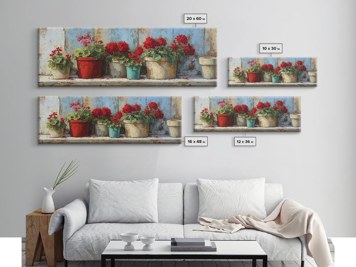 Potted Geraniums in Rustic Clay Pots Canvas Print, Patio Art, Porch Decor, Patio Decor, Fine Art, Outdoor, Fine Art Print, PAT-3x1-6