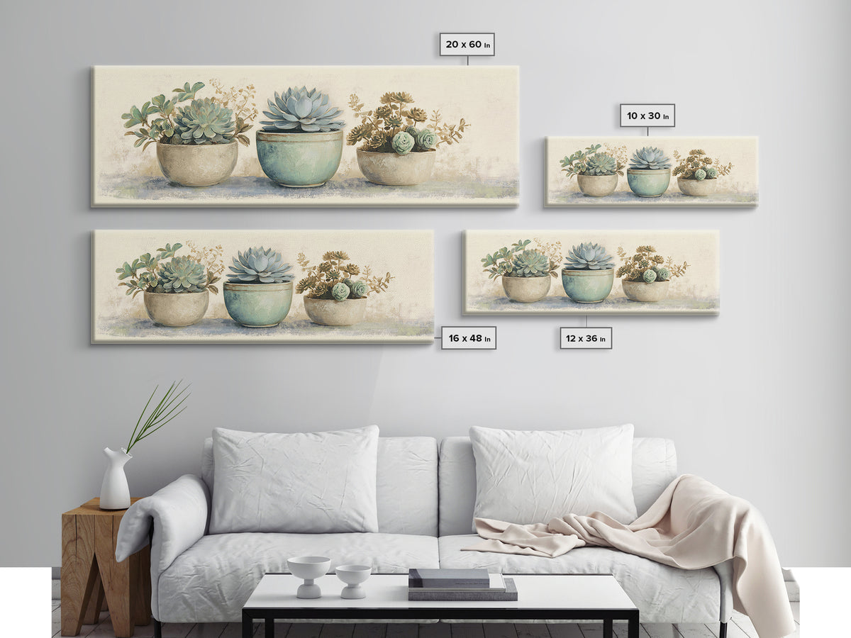 Succulent Collection in Ceramic Planters Canvas Print, Patio Art, Floral Art, Patio Decor, Oil Painting, Outdoor, PAT-3x1-61