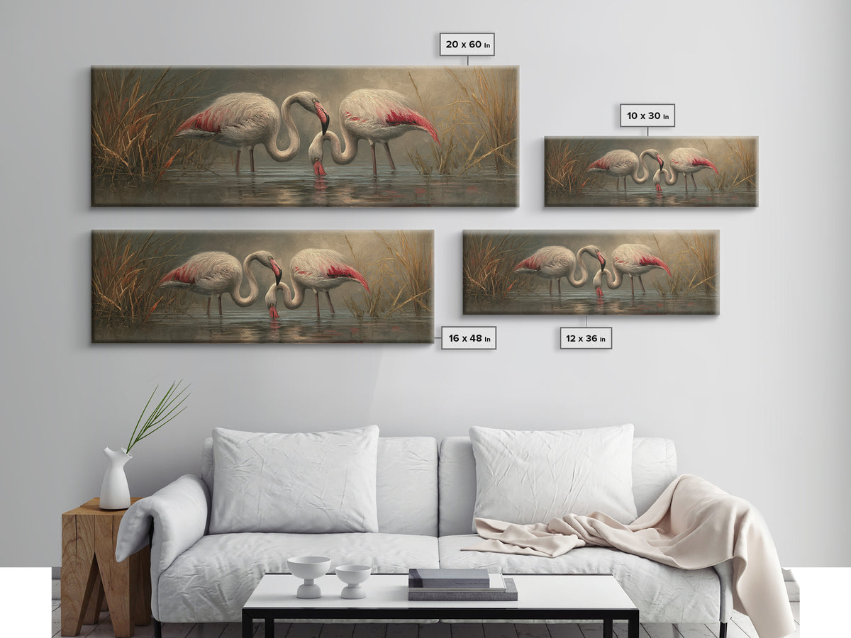 Flamingo Pair Beside Shallow Water Framed Canvas Print, Patio Art, Bar Art, Patio Decor, Oil Painting, Outdoor, Outdoor Art, PAT-3x1-74