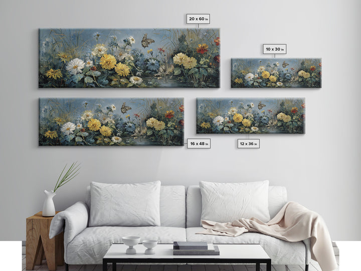 Butterfly Garden with Zinnias and Daisies Framed Canvas Print, Patio Art, Beach House Decor, Patio Decor, Oil Painting, Outdoor, PAT-3x1-77