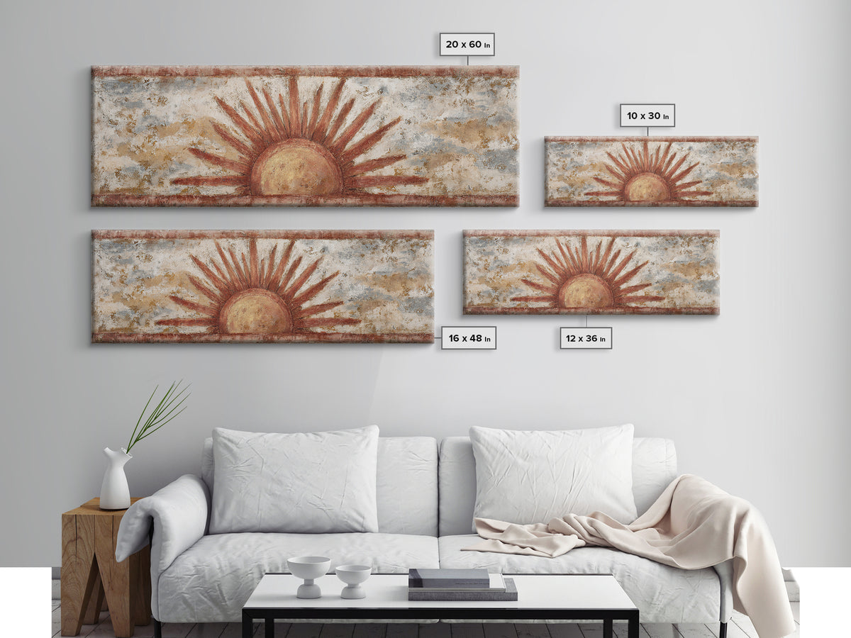 Sun Motif with Warm Terracotta Rays Framed Canvas Print, Patio Art, Outdoor Wall Decor, Patio Decor, Fine Art, Outdoor, PAT-3x1-82