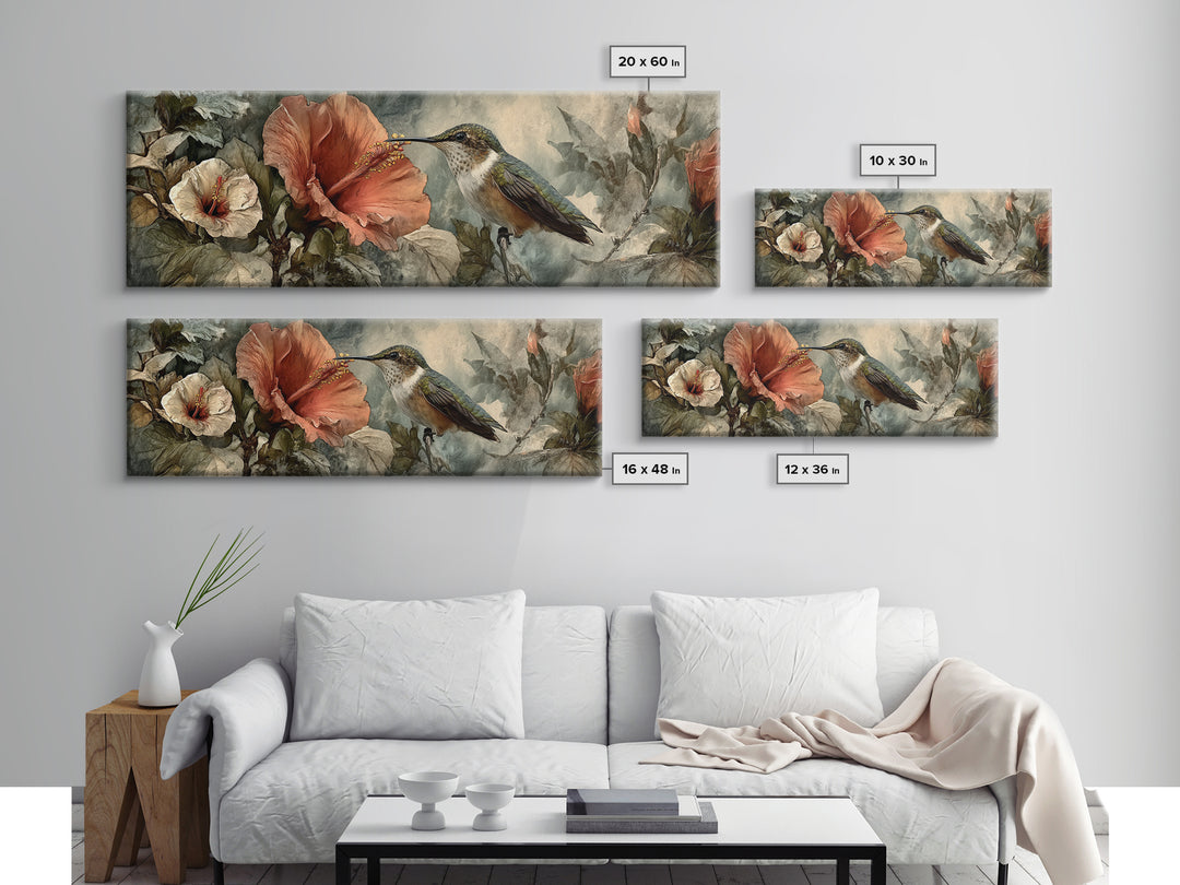 Hummingbird Visiting Bright Hibiscus Canvas Print, Patio Art, Room Decor, Patio Decor, Fine Art, Outdoor, Garden Art, PAT-3x1-91