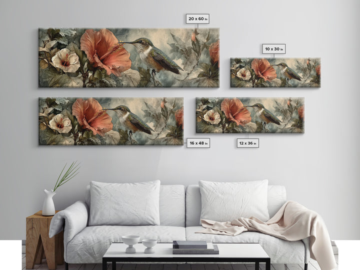 Hummingbird Visiting Bright Hibiscus Canvas Print, Patio Art, Room Decor, Patio Decor, Fine Art, Outdoor, Garden Art, PAT-3x1-91