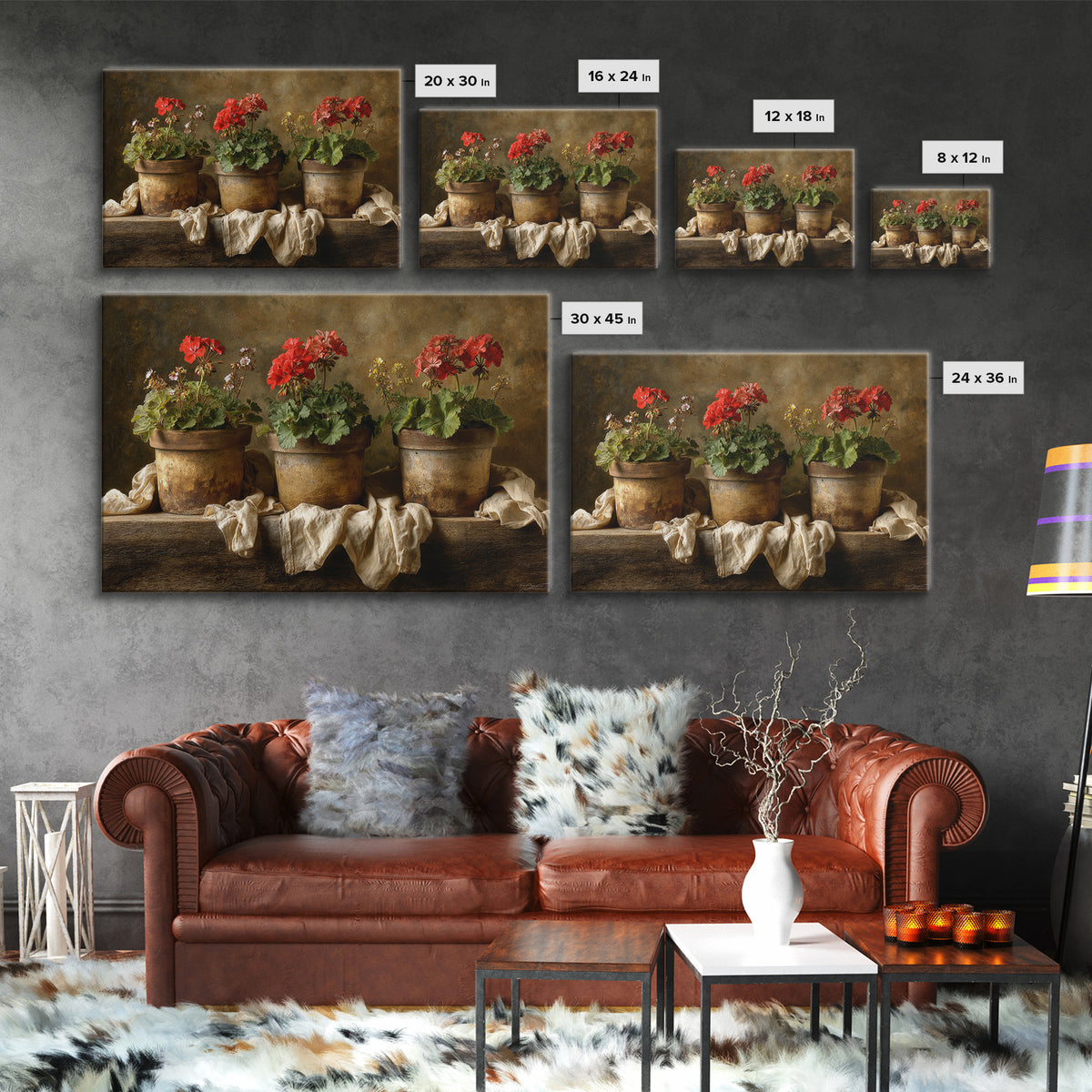Potted Geraniums in Rustic Clay Pots Framed Canvas Print, Patio Art, Garden Art, Patio Decor, Outdoor, Beach House Decor, PAT-3x2-18
