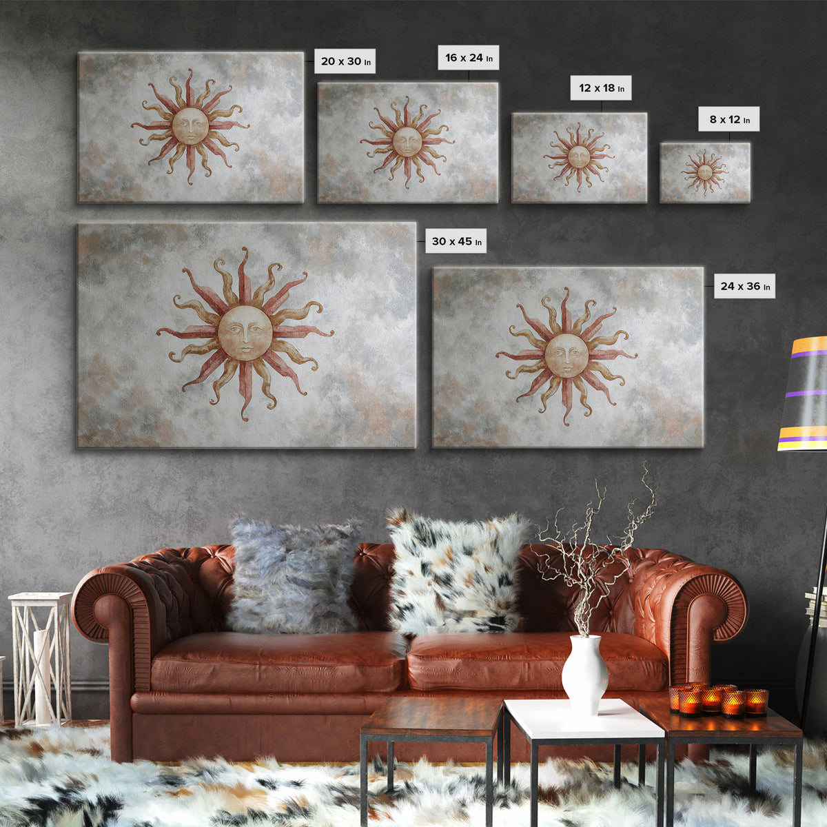 Sun Motif with Warm Terracotta Rays Canvas Print, Patio Art, Outdoor Wall Art, Patio Decor, Oil Painting, Outdoor, Porch Decor, PAT-3x2-22