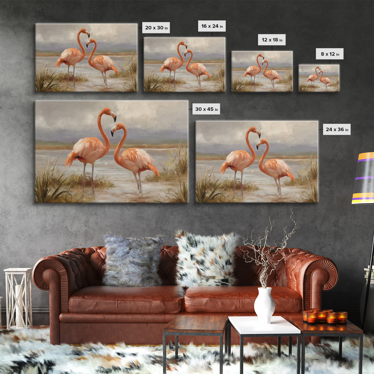 Flamingo Pair Beside Shallow Water Canvas Print, Patio Art, Outdoor Wall Decor, Patio Decor, Fine Art, Outdoor, Yard Decor, PAT-3x2-38