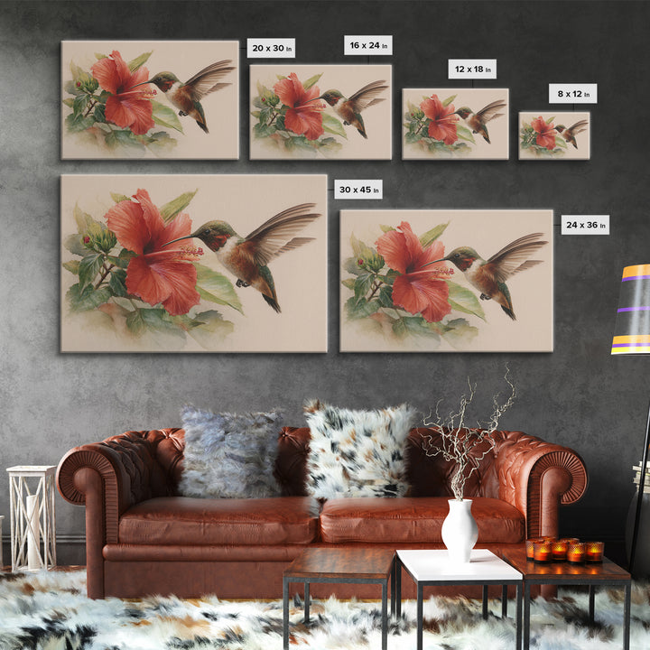 Hummingbird Visiting Bright Hibiscus Framed Canvas Print, Patio Art, Decor, Patio Decor, Oil Painting, Outdoor, PAT-3x2-55