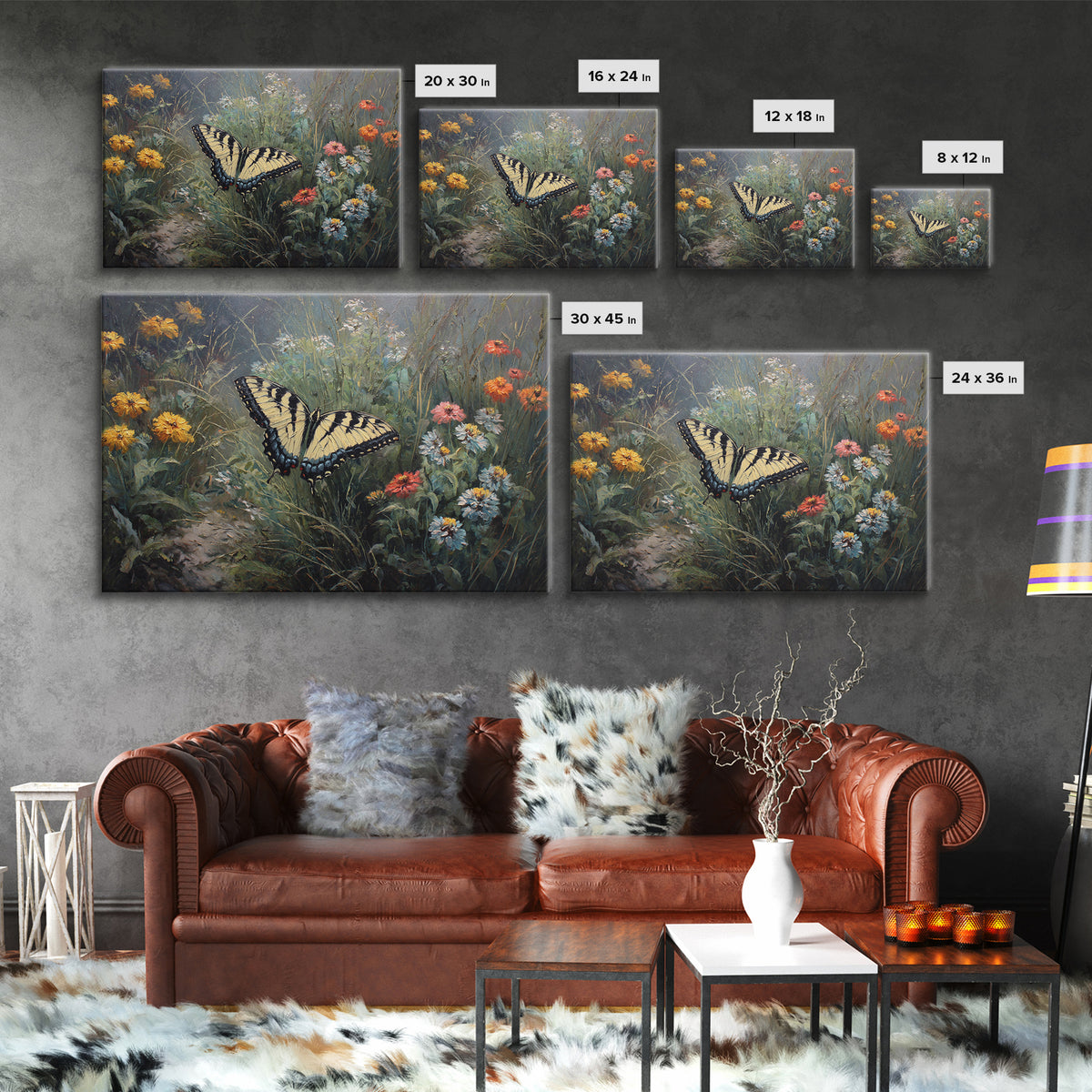 Butterfly Garden with Zinnias and Daisies Framed Canvas Print, Patio Art, Floral Art, Patio Decor, Fine Art, Outdoor, PAT-3x2-65