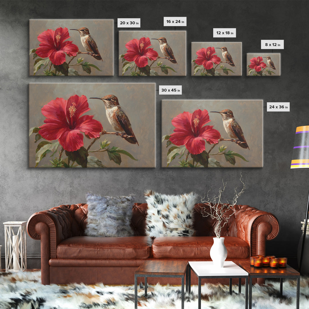Hummingbird Visiting Bright Hibiscus Framed Canvas Print, Patio Art, Patio Decor, Abstract Art, Outdoor, Floral Wall Art, PAT-3x2-7