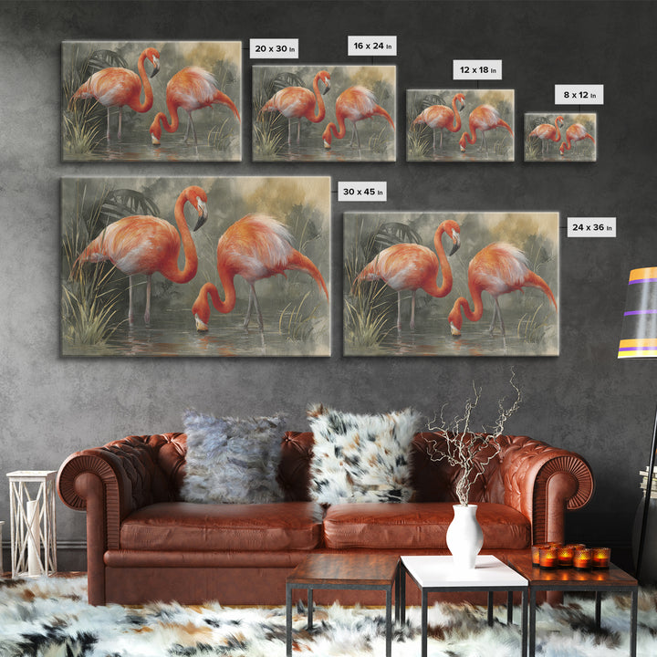 Flamingo Pair Beside Shallow Water Framed Canvas Print, Patio Art, Patio Decor, Fine Art, Outdoor, Gallery Decor, Neutral Decor, PAT-3x2-86