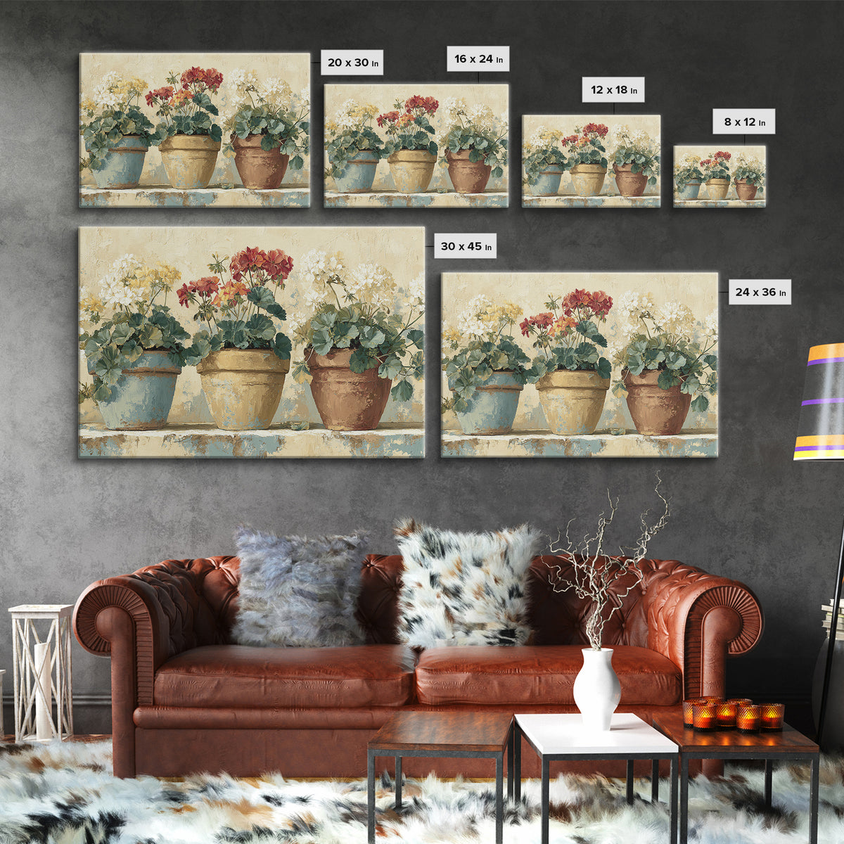 Potted Geraniums in Rustic Clay Pots Framed Canvas Print, Patio Art, Beach Art, Patio Decor, Fine Art, Outdoor, Neutral Decor, PAT-3x2-90
