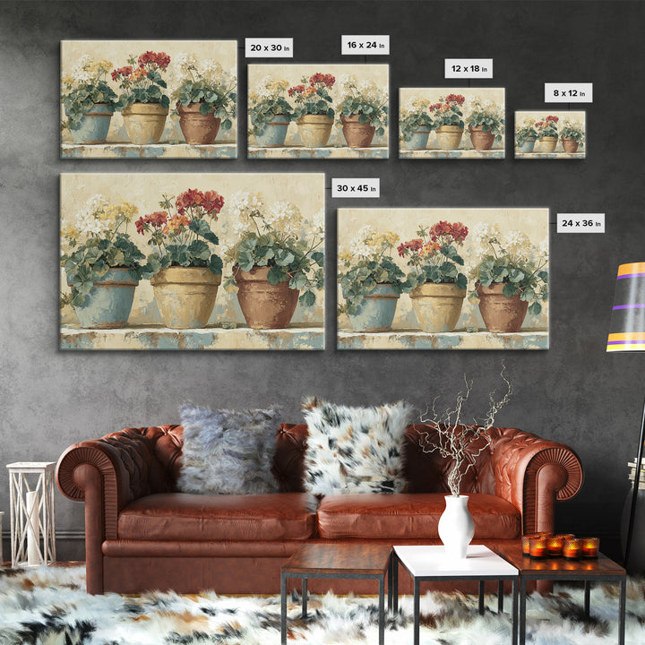 Potted Geraniums in Rustic Clay Pots Framed Canvas Print, Patio Art, Beach Art, Patio Decor, Fine Art, Outdoor, Neutral Decor, PAT-3x2-90