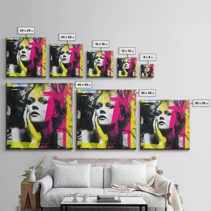 Neon Portrait with Thick Black Outlines Framed Canvas Print, Pop Art, Eclectic Home Decor, Living Room Decor, Fine Art, Pop, POP-1x1-100