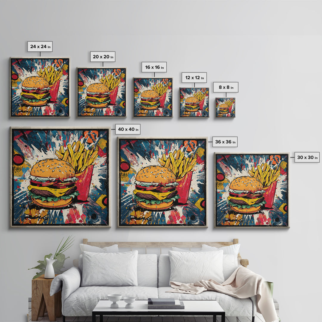 Hamburger and Fries Framed Canvas Print, Pop Art, Statement Artwork, Living Room Decor, Abstract Art, Pop, Wall Decor, POP-1x1-33
