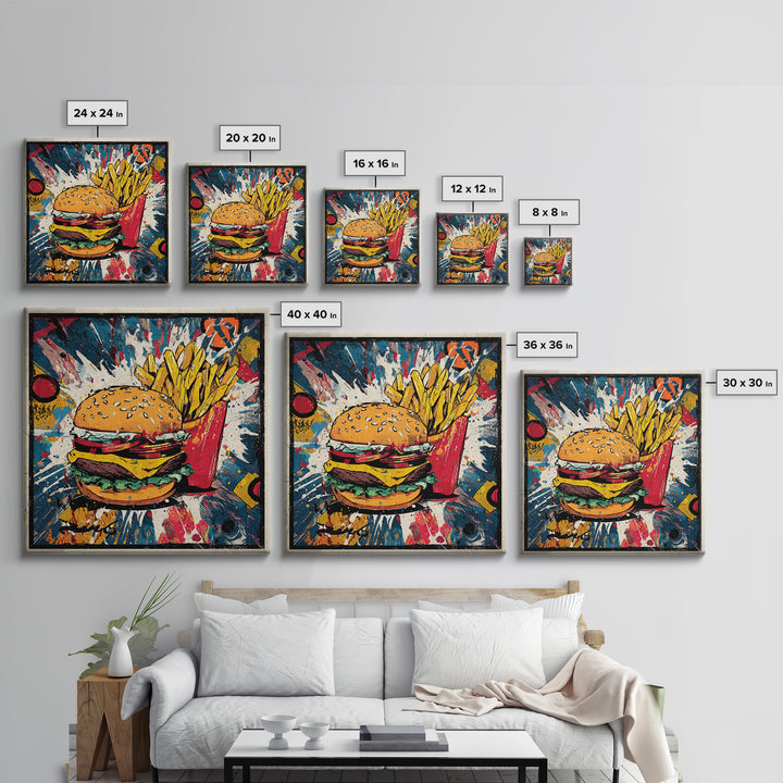 Hamburger and Fries Framed Canvas Print, Pop Art, Statement Artwork, Living Room Decor, Abstract Art, Pop, Wall Decor, POP-1x1-33