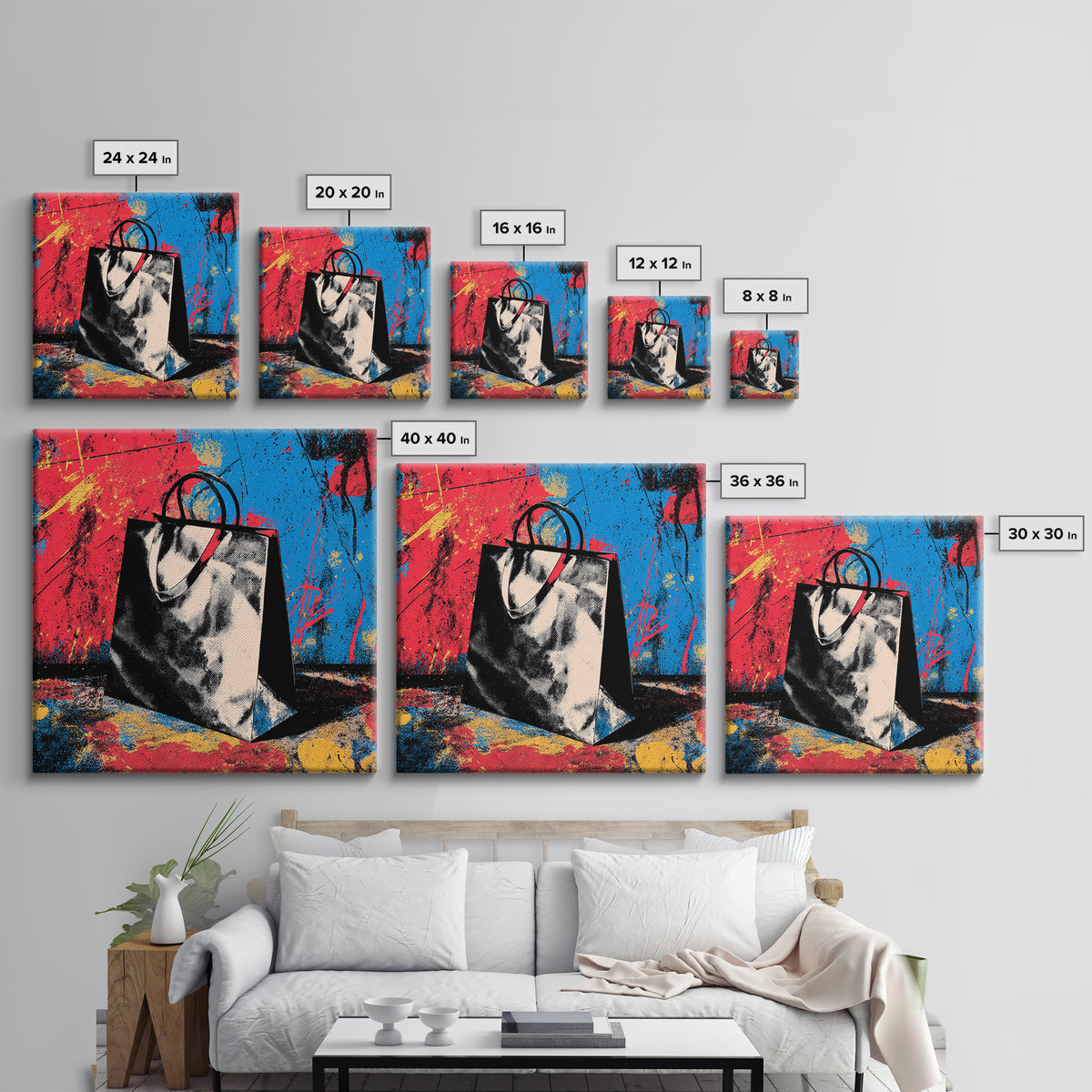 Shopping Bag Fashion Graphic Without Brands Framed Canvas Print, Pop Art, Poster, Living Room Decor, Pop, Abstract Art, POP-1x1-48