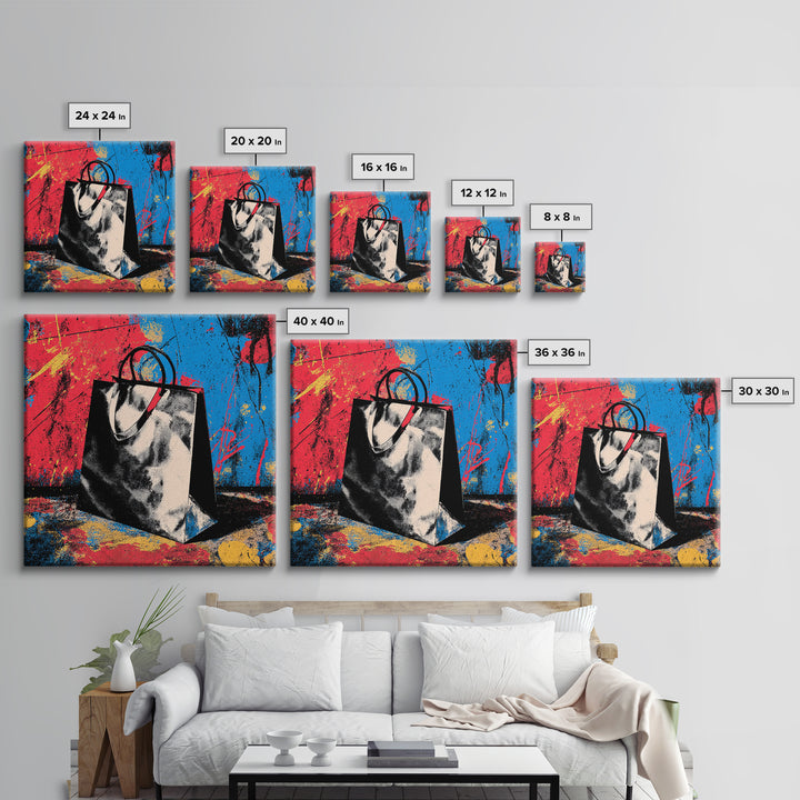 Shopping Bag Fashion Graphic Without Brands Framed Canvas Print, Pop Art, Poster, Living Room Decor, Pop, Abstract Art, POP-1x1-48