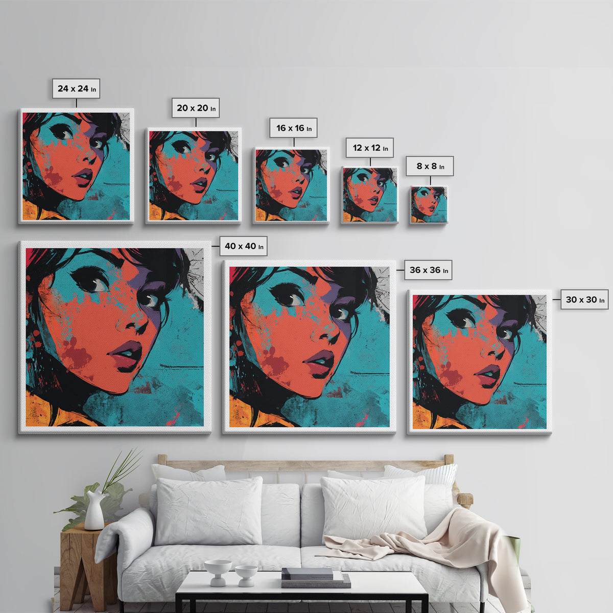 Neon Portrait with Thick Black Outlines Canvas Print, Pop Art, Dark Art, Living Room Decor, Oil Painting, Pop, POP-1x1-76