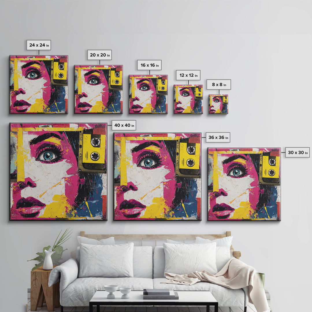 Colorful Cassette Tape Graphic Framed Canvas Print, Pop Art, Football Wall Art, Living Room Decor, Abstract Art, Pop, POP-1x1-84
