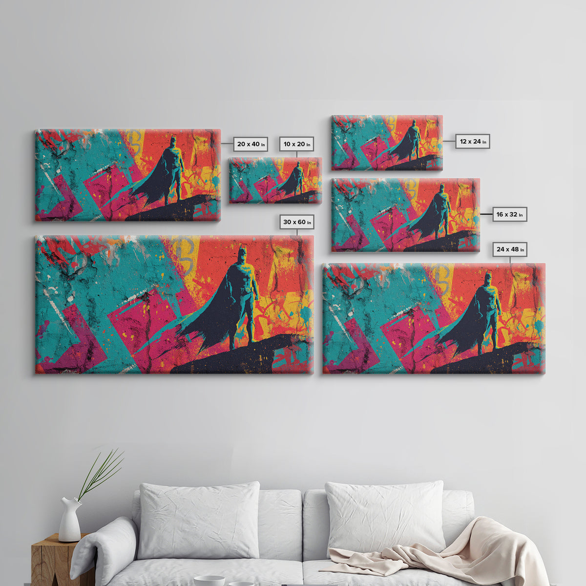 Superhero Silhouette in Dynamic Color Fields Framed Canvas Print, Pop Art, Living Room Decor, Abstract Art, Pop, POP-2x1-35