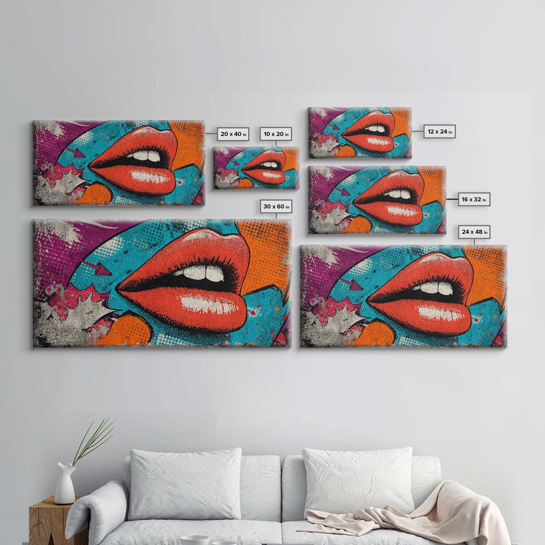 Bold Comic Lips Framed Canvas Print, Pop Art, Decor, Living Room Decor, Fine Art, Pop, Dopamine Decor, Mexican Art, Modern Art, POP-2x1-45