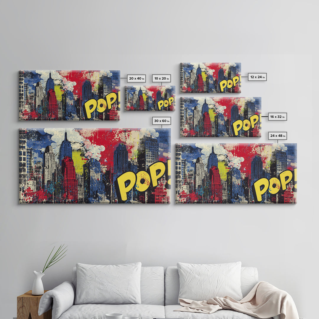 Comic Book City Skyline Canvas Print, Pop Art, Custom Portrait, Living Room Decor, Abstract Art, Pop, Mexican Art, Modern Art, POP-2x1-49