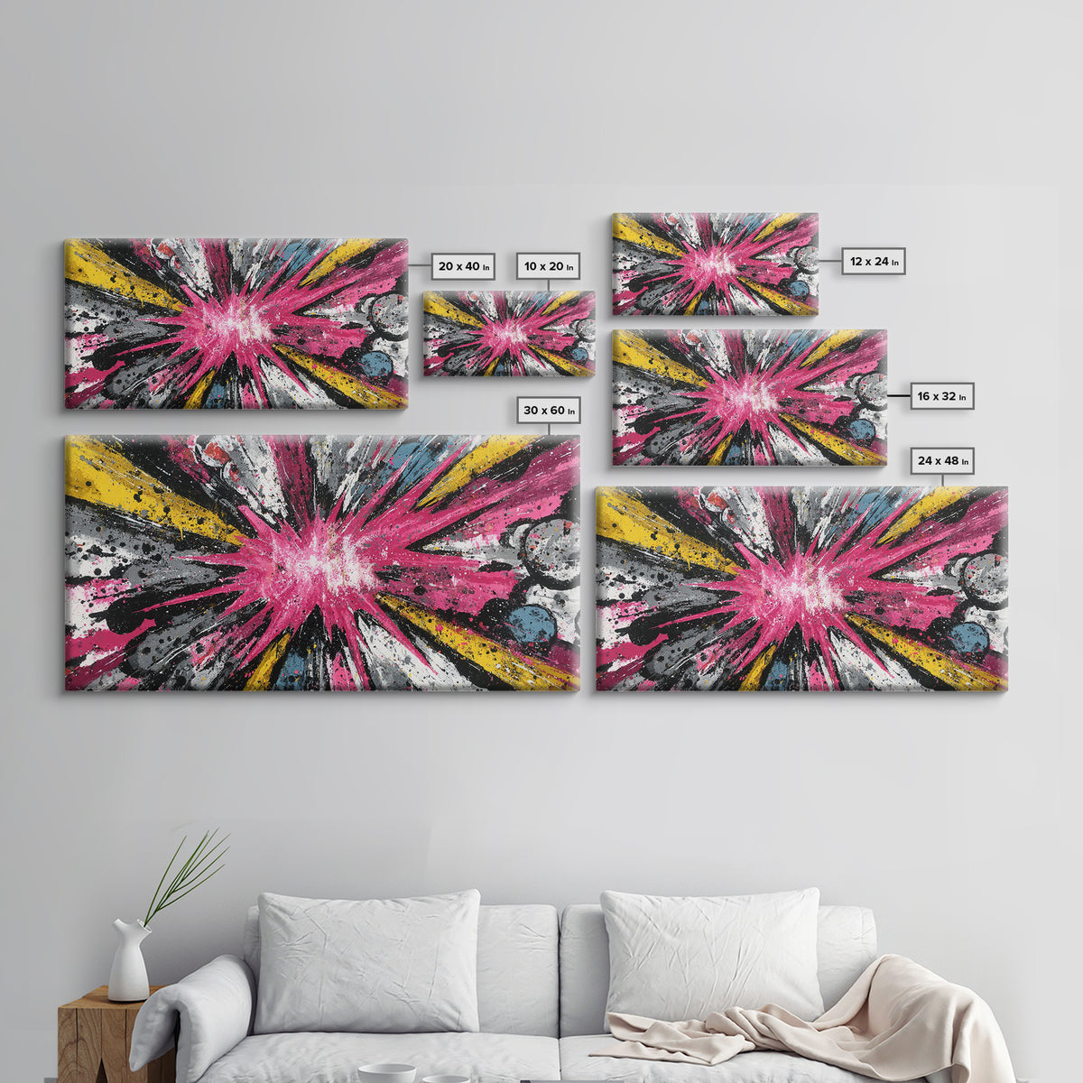 Exploding Starburst Shapes Without Text Framed Canvas Print, Pop Art, Luxury Decor, Living Room Decor, Fine Art, Pop, POP-2x1-6