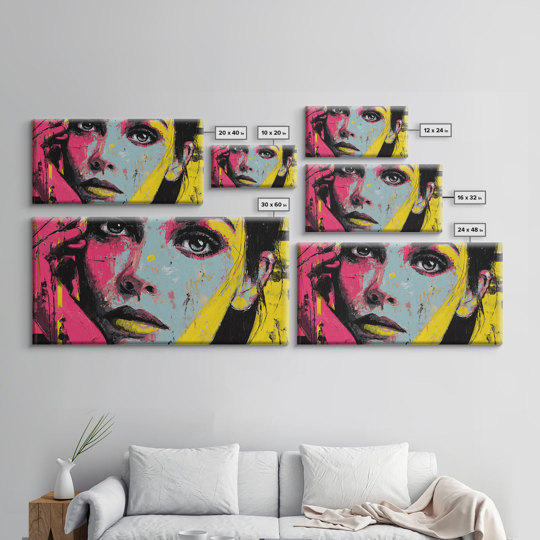 Neon Portrait with Thick Black Outlines Framed Canvas Print, Pop Art, Canvas, Living Room Decor, Oil Painting, Pop, Food Art, POP-2x1-72