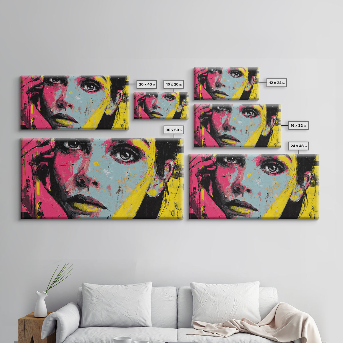 Neon Portrait with Thick Black Outlines Framed Canvas Print, Pop Art, Canvas, Living Room Decor, Oil Painting, Pop, Food Art, POP-2x1-72