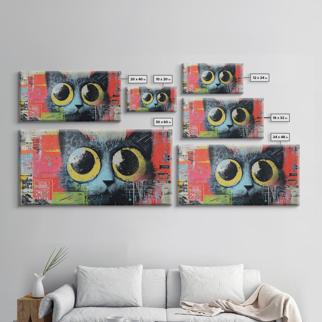 Comic Cat with Oversized Eyes Framed Canvas Print, Pop Art, Home Decor, Living Room Decor, Fine Art, Pop, Canvas Wall Art, POP-2x1-86