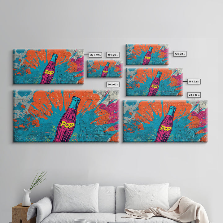 Retro Soda Bottle Framed Canvas Print, Pop Art, Graffiti Art, Living Room Decor, Fine Art, Pop, Minimalist Decor, POP-2x1-95