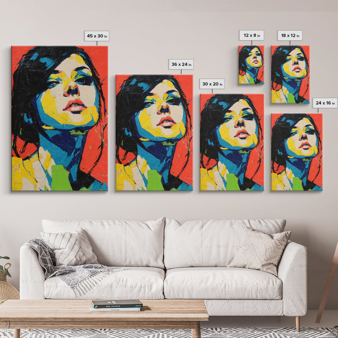 Neon Portrait with Thick Black Outlines Framed Canvas Print, Pop Art, Minimalist Decor, Living Room Decor, Fine Art, Pop, POP-2x3-12