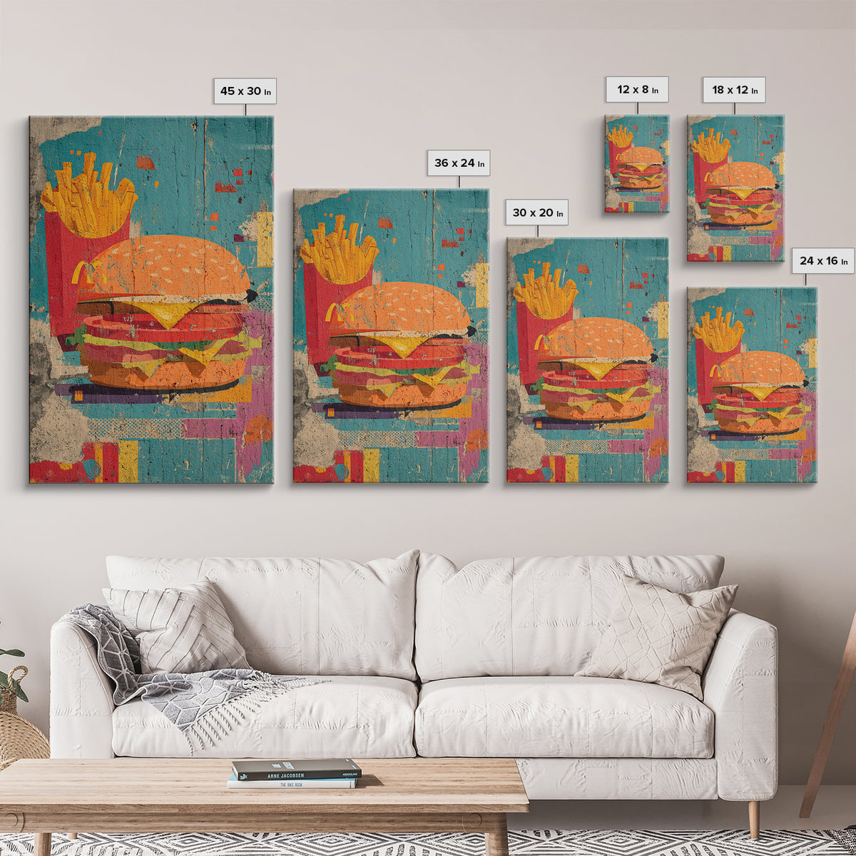 Hamburger and Fries Framed Canvas Print, Pop Art, Wall Decor, Living Room Decor, Abstract Art, Pop, Portrait, Apartment Decor, POP-2x3-17