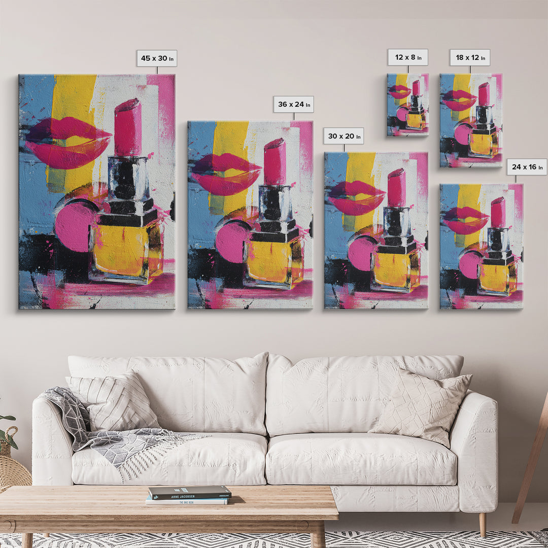 Lipstick and Perfume Fashion Still Life Framed Canvas Print, Pop Art, Canvas Wall Art, Living Room Decor, Fine Art, Pop, POP-2x3-28