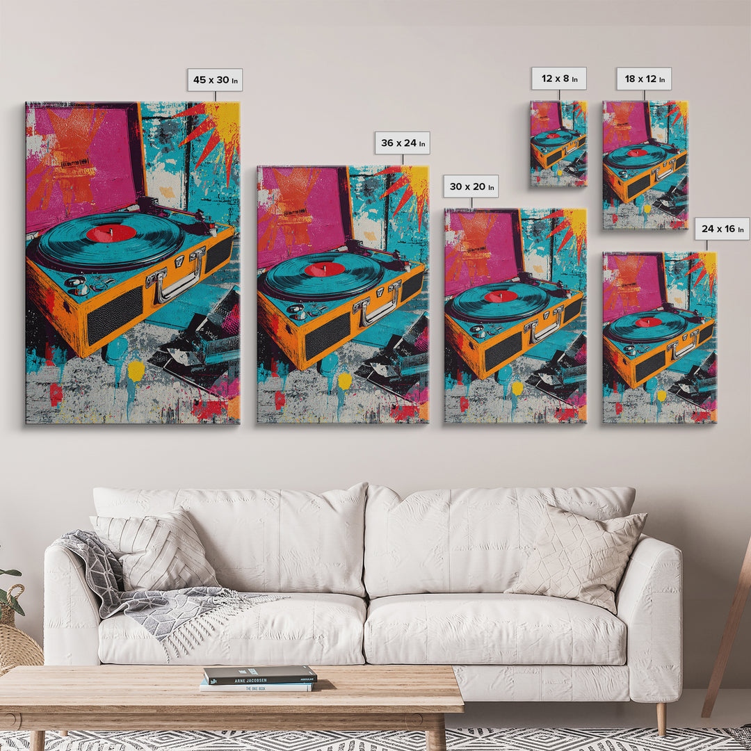Record Player with Graphic Sound Rays Canvas Print, Pop Art, Minimalist Decor, Living Room Decor, Fine Art, Pop, Oil Painting, POP-2x3-54