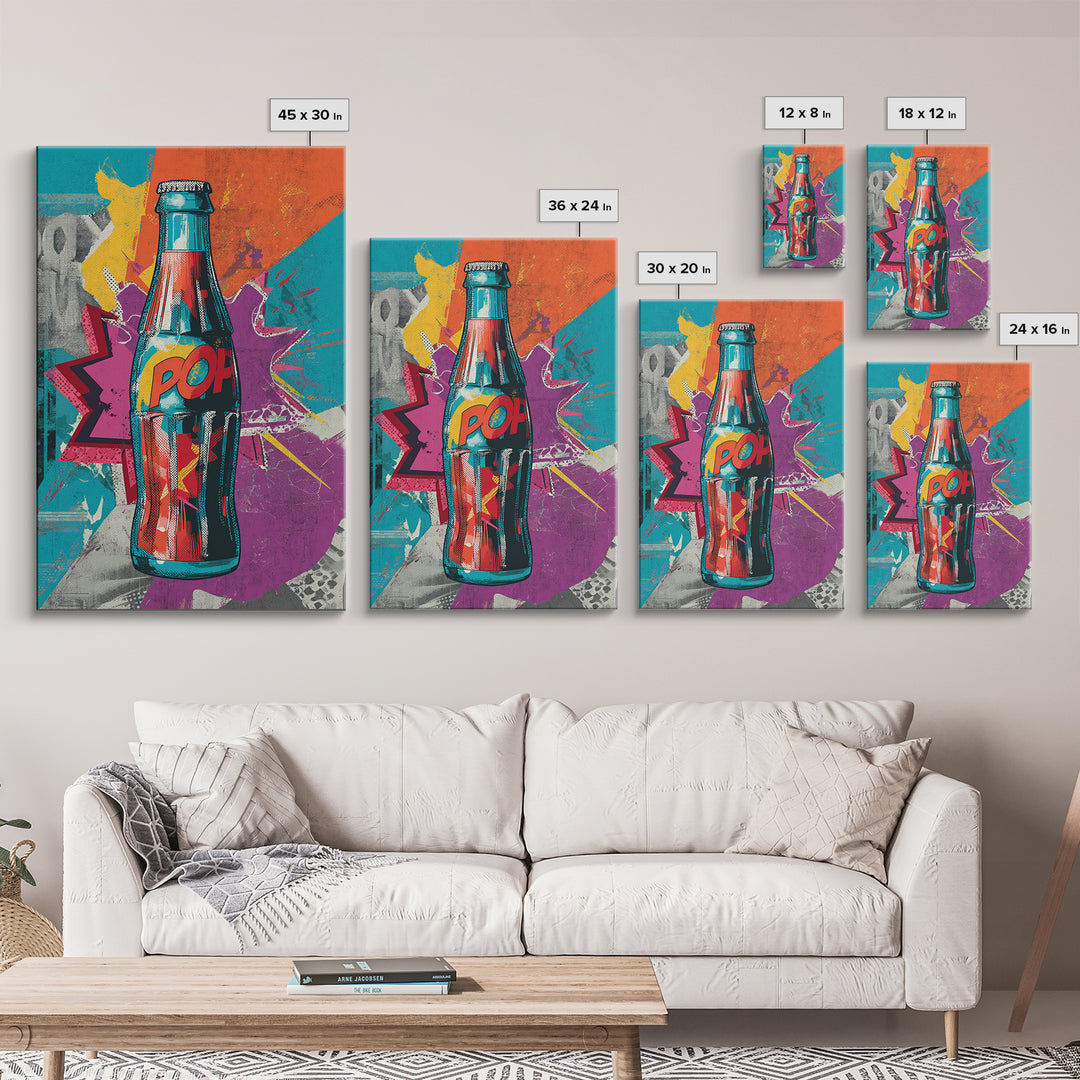 Retro Soda Bottle Framed Canvas Print, Pop Art, Abstract Art, Living Room Decor, Pop, Party Decor, 3d Art, Graffiti Art, POP-2x3-83