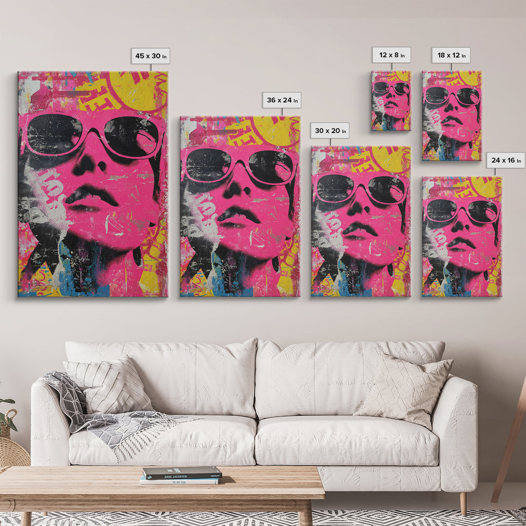 Glamorous Sunglasses Face Framed Canvas Print, Pop Art, Custom Portrait, Living Room Decor, Fine Art, Pop, Mexican Art, POP-2x3-88