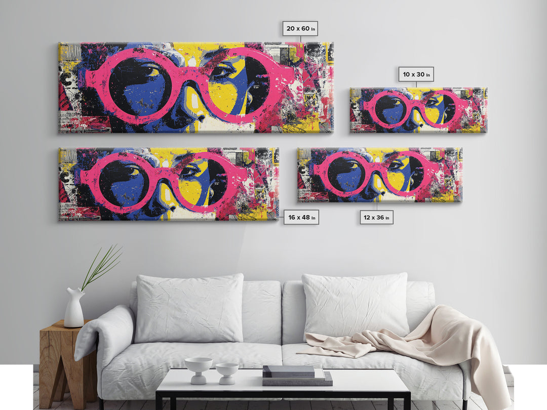 Glamorous Sunglasses Face Framed Canvas Print, Pop Art, Wall Art, Living Room Decor, Pop, Original Art, Canvas Wall Art, POP-3x1-72