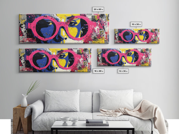 Glamorous Sunglasses Face Framed Canvas Print, Pop Art, Wall Art, Living Room Decor, Pop, Original Art, Canvas Wall Art, POP-3x1-72
